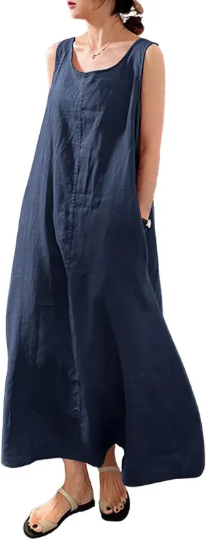 Women's Summer Sleeveless Cotton Tunic Tank Dress Casual Loose A-Line Maxi Long Beach Dress