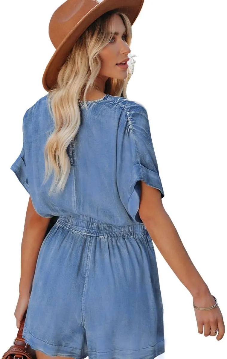 Women's Vintage V Neck Short Denim Jumpsuits Short Sleeve Distressed Summer Wide Leg Jean Jumpsuit Rompers Pockets