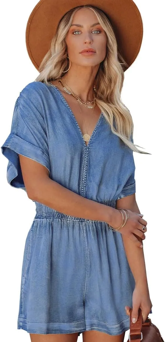 Women's Vintage V Neck Short Denim Jumpsuits Short Sleeve Distressed Summer Wide Leg Jean Jumpsuit Rompers Pockets