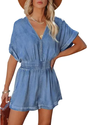 Women's Vintage V Neck Short Denim Jumpsuits Short Sleeve Distressed Summer Wide Leg Jean Jumpsuit Rompers Pockets