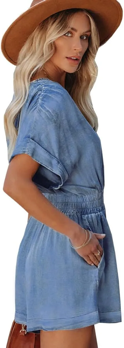 Women's Vintage V Neck Short Denim Jumpsuits Short Sleeve Distressed Summer Wide Leg Jean Jumpsuit Rompers Pockets