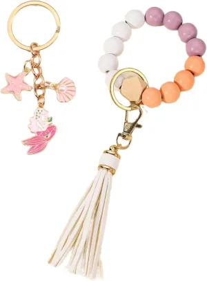 Wood Key Ring Bracelet Portable Car Keychain Holder Wristlet Keychain Wood Women Beaded Bangle Chain