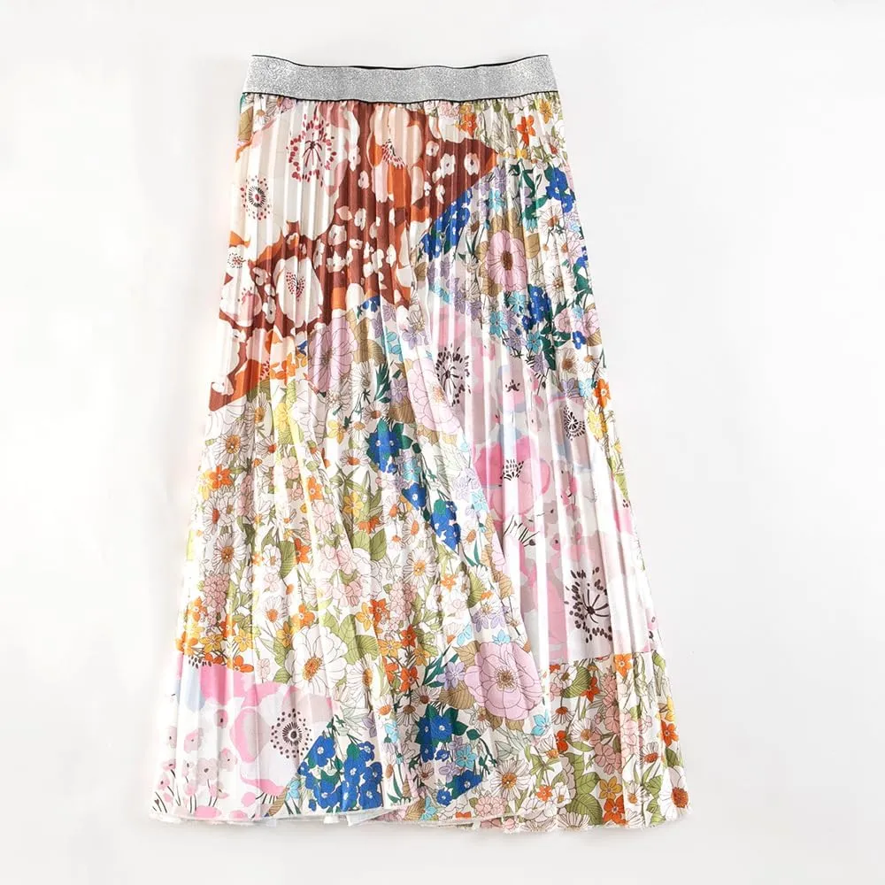 Wuitrie Womens Maxi Skirt Floral Printed Elastic Waist Pleated Midi Skirt 2025 Trendy Summer Causal Vocation Skirts