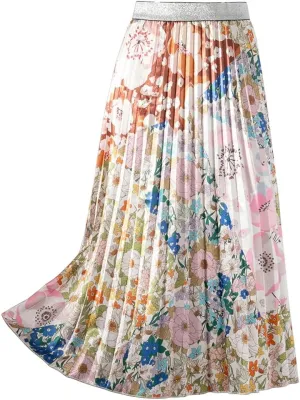 Wuitrie Womens Maxi Skirt Floral Printed Elastic Waist Pleated Midi Skirt 2025 Trendy Summer Causal Vocation Skirts