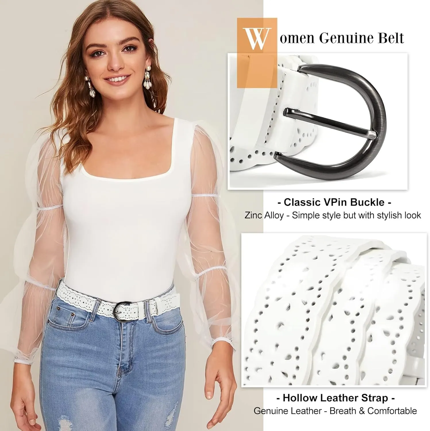 XZQTIVE Women Plus Size Leather Belt for Jeans Dresses Pants Hollow Flower Waist Belts with Solid Pin Buckle