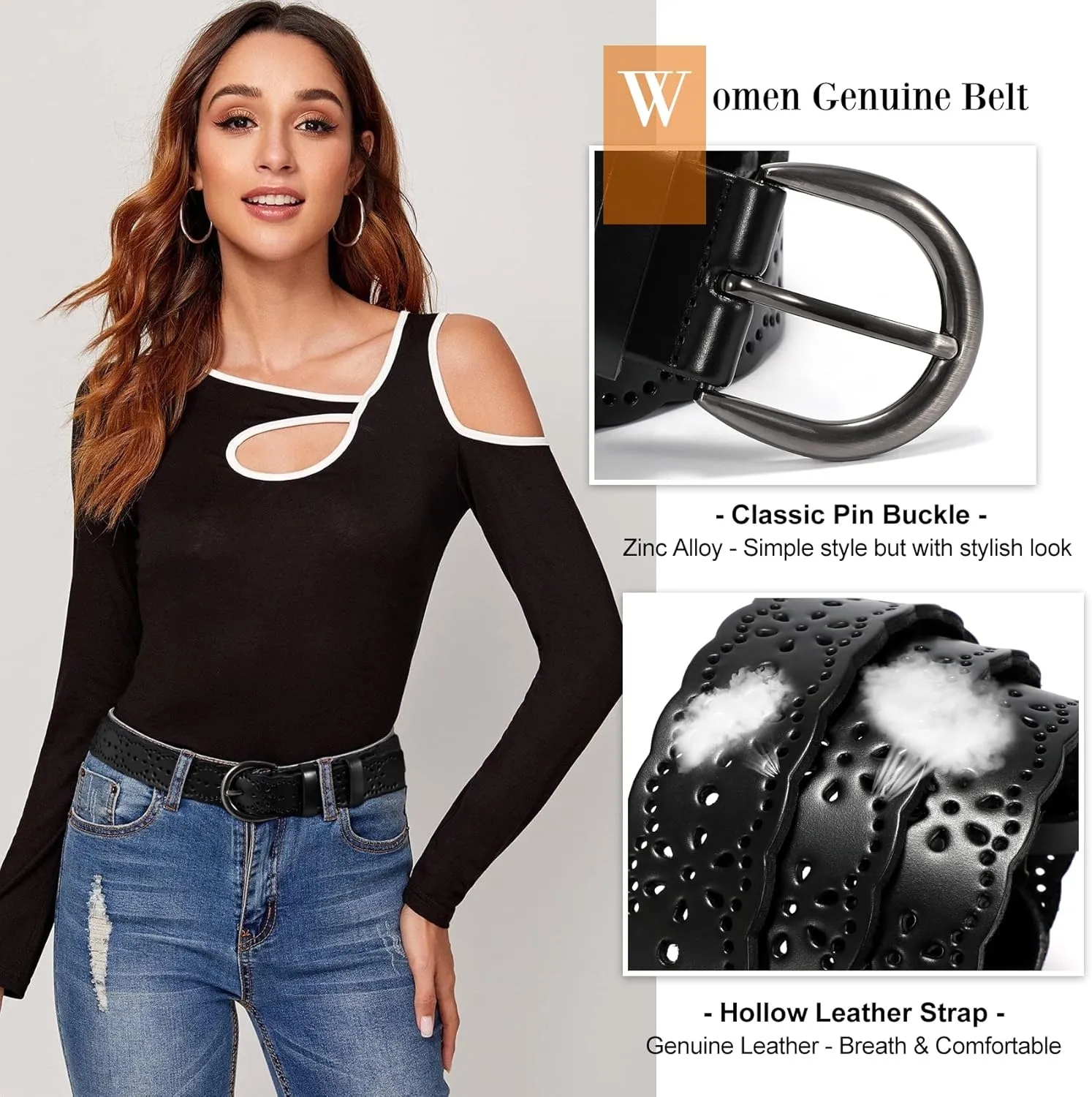 XZQTIVE Women Plus Size Leather Belt for Jeans Dresses Pants Hollow Flower Waist Belts with Solid Pin Buckle