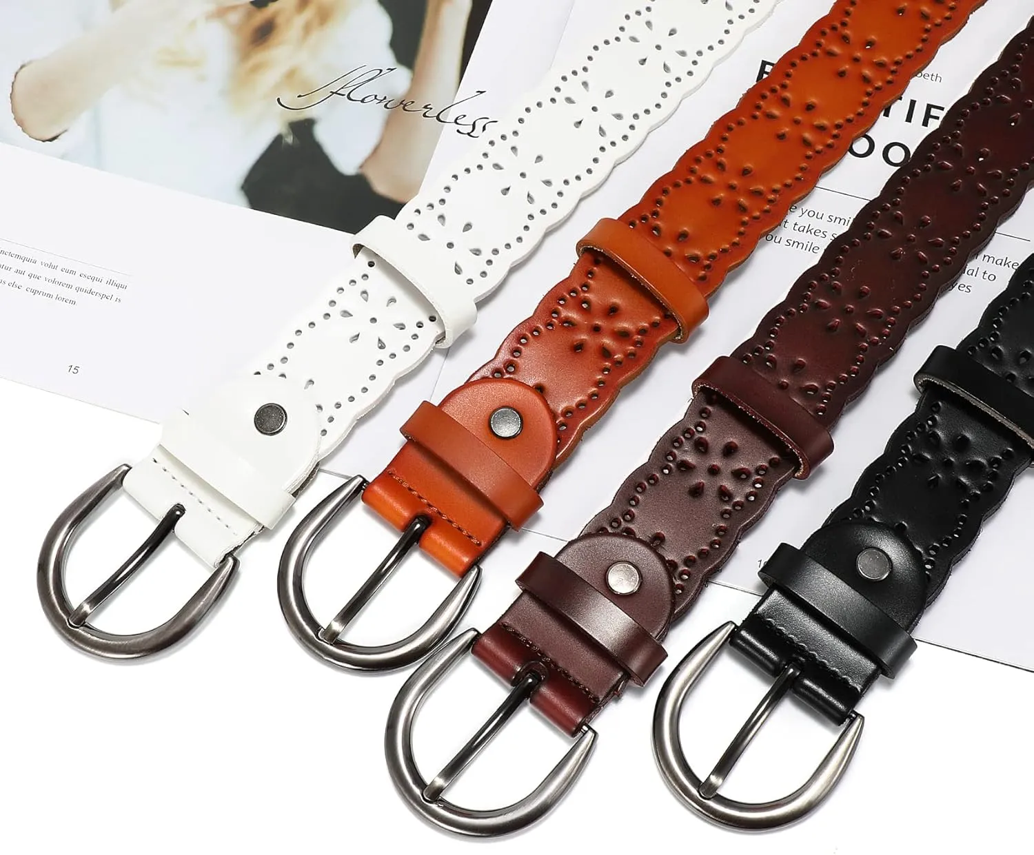 XZQTIVE Women Plus Size Leather Belt for Jeans Dresses Pants Hollow Flower Waist Belts with Solid Pin Buckle