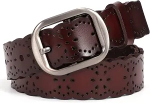 XZQTIVE Women Plus Size Leather Belt for Jeans Dresses Pants Hollow Flower Waist Belts with Solid Pin Buckle