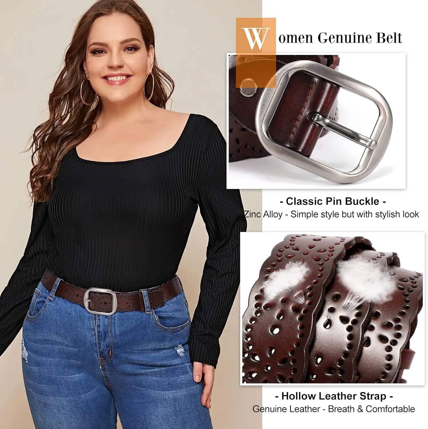 XZQTIVE Women Plus Size Leather Belt for Jeans Dresses Pants Hollow Flower Waist Belts with Solid Pin Buckle