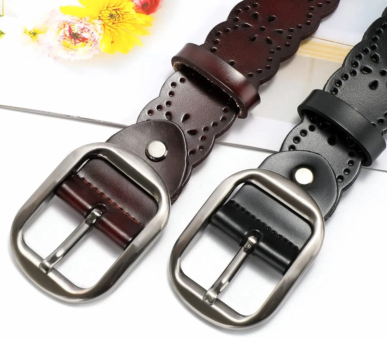 XZQTIVE Women Plus Size Leather Belt for Jeans Dresses Pants Hollow Flower Waist Belts with Solid Pin Buckle