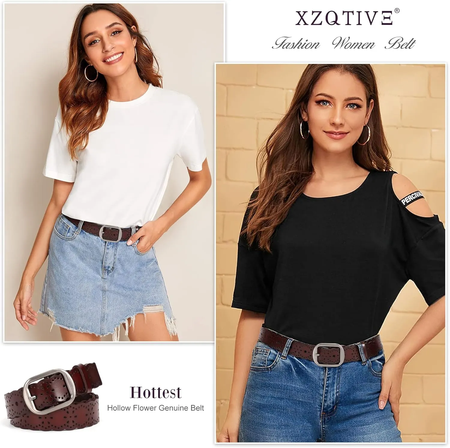 XZQTIVE Women Plus Size Leather Belt for Jeans Dresses Pants Hollow Flower Waist Belts with Solid Pin Buckle