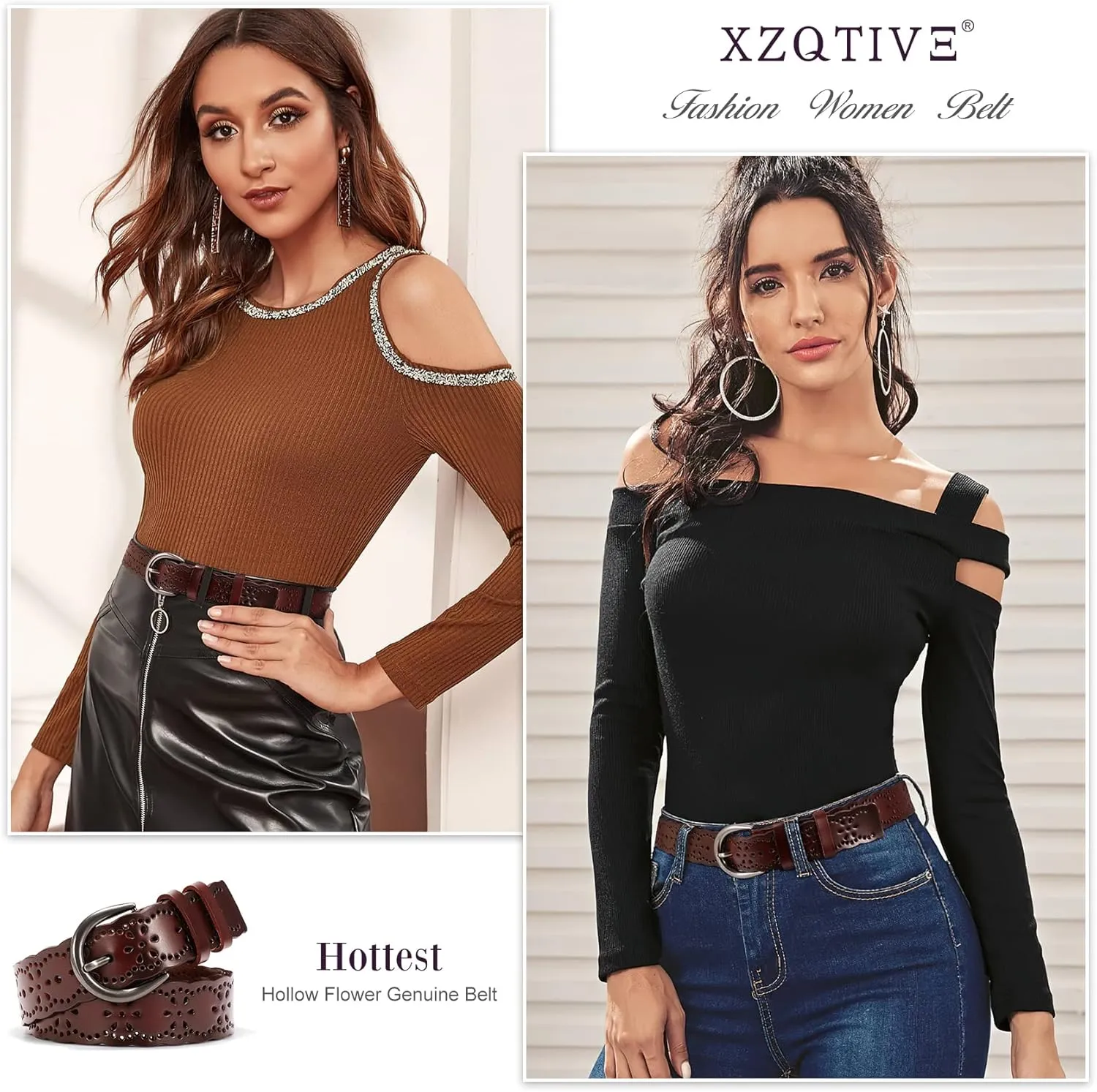 XZQTIVE Women Plus Size Leather Belt for Jeans Dresses Pants Hollow Flower Waist Belts with Solid Pin Buckle
