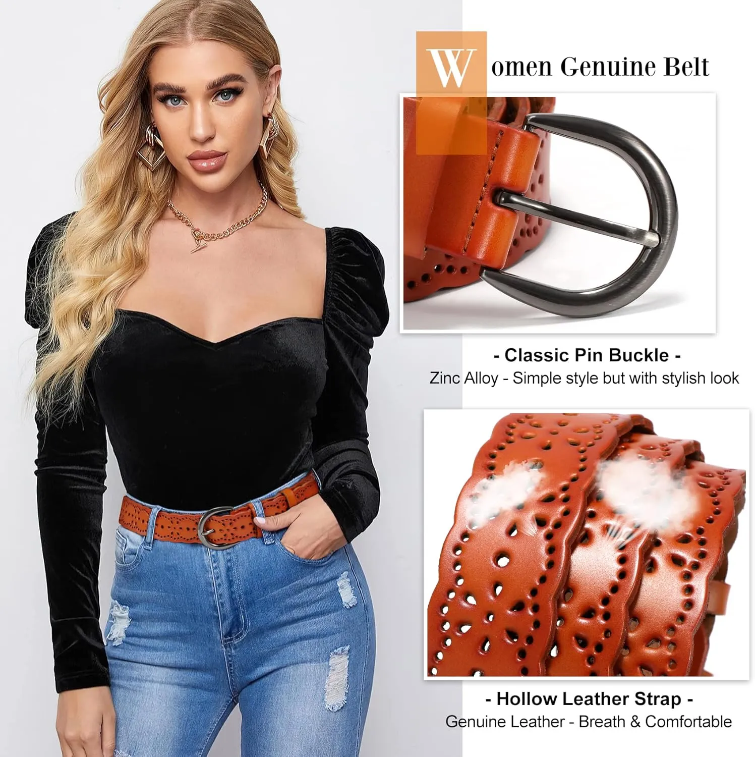 XZQTIVE Women Plus Size Leather Belt for Jeans Dresses Pants Hollow Flower Waist Belts with Solid Pin Buckle