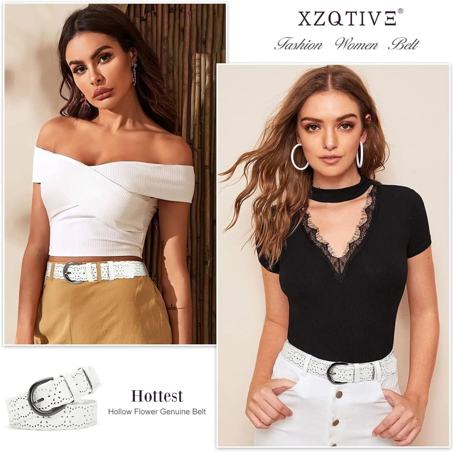 XZQTIVE Women Plus Size Leather Belt for Jeans Dresses Pants Hollow Flower Waist Belts with Solid Pin Buckle