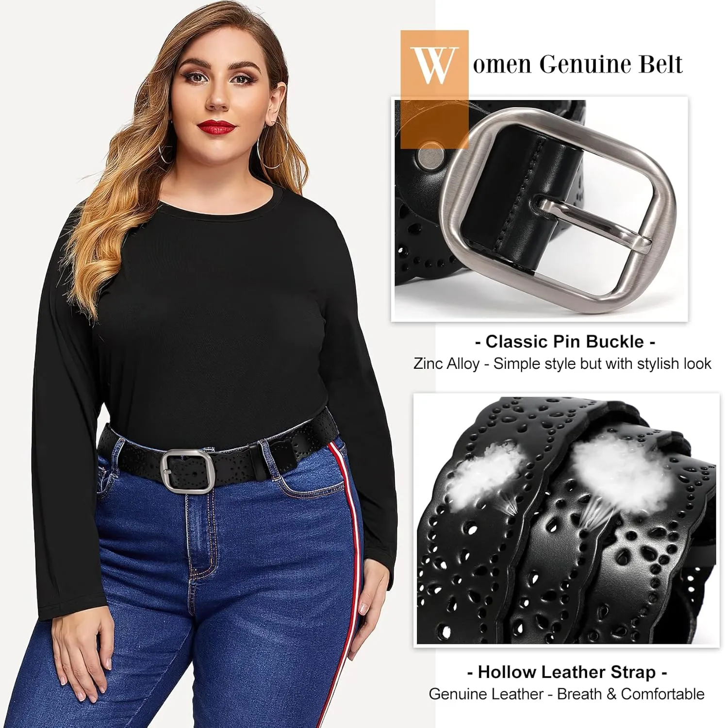 XZQTIVE Women Plus Size Leather Belt for Jeans Dresses Pants Hollow Flower Waist Belts with Solid Pin Buckle