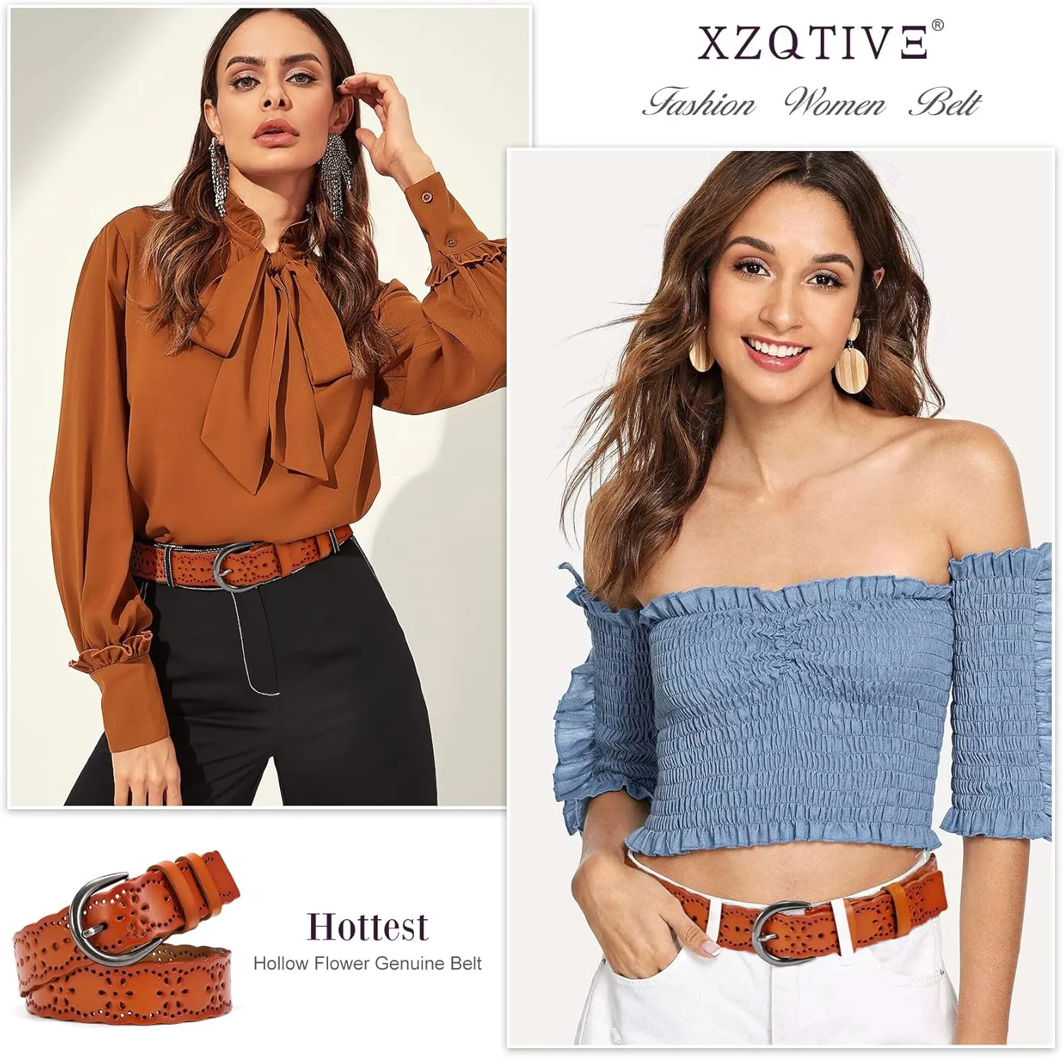 XZQTIVE Women Plus Size Leather Belt for Jeans Dresses Pants Hollow Flower Waist Belts with Solid Pin Buckle
