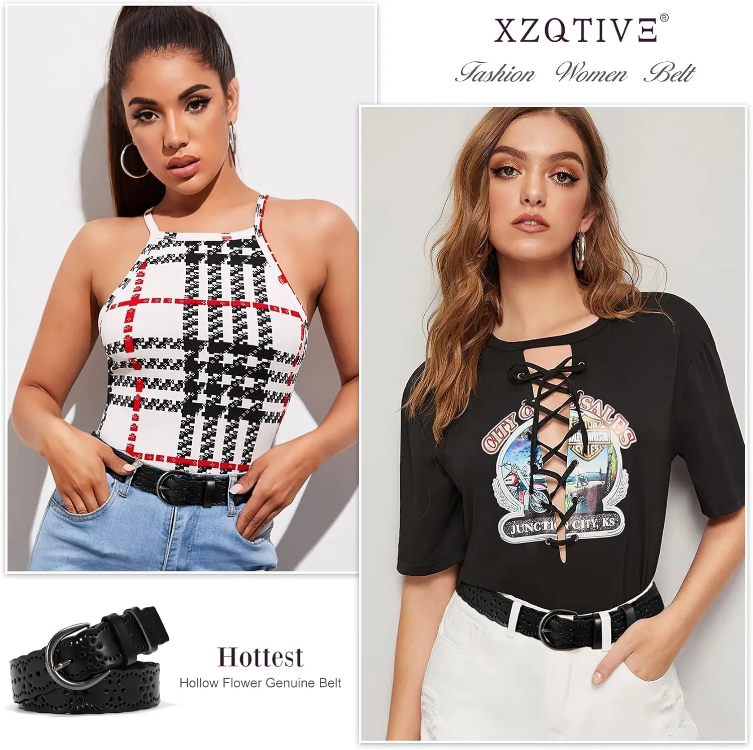 XZQTIVE Women Plus Size Leather Belt for Jeans Dresses Pants Hollow Flower Waist Belts with Solid Pin Buckle