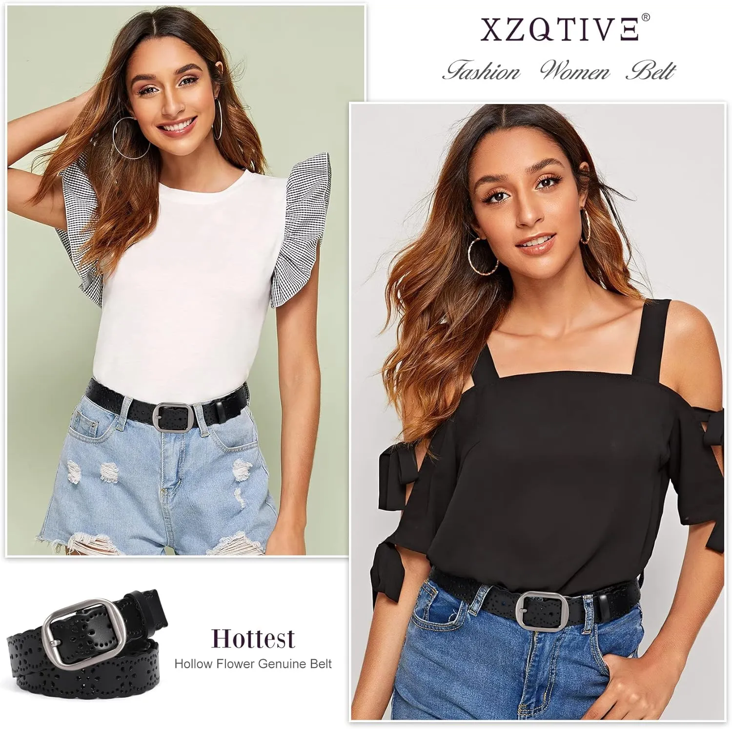 XZQTIVE Women Plus Size Leather Belt for Jeans Dresses Pants Hollow Flower Waist Belts with Solid Pin Buckle