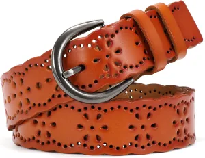 XZQTIVE Women Plus Size Leather Belt for Jeans Dresses Pants Hollow Flower Waist Belts with Solid Pin Buckle