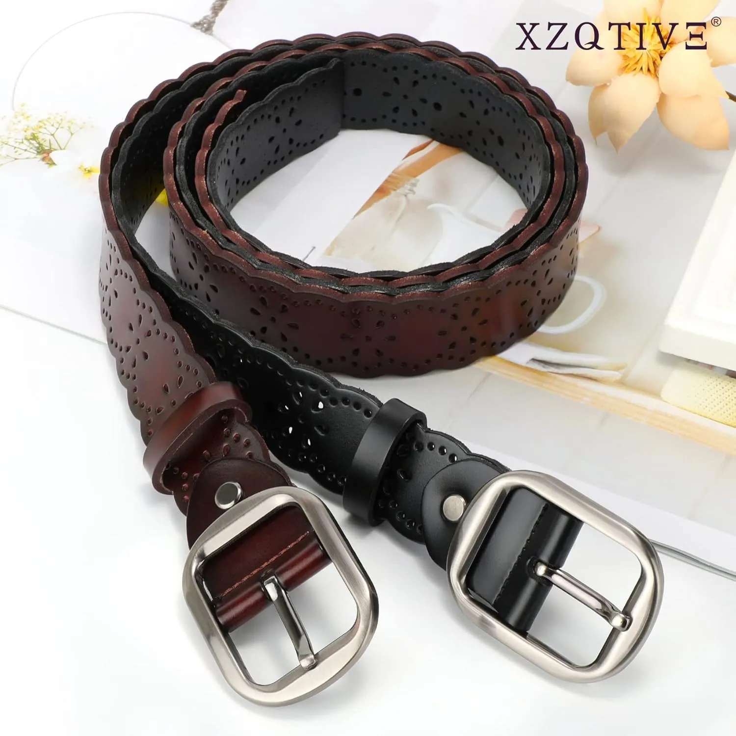 XZQTIVE Women Plus Size Leather Belt for Jeans Dresses Pants Hollow Flower Waist Belts with Solid Pin Buckle