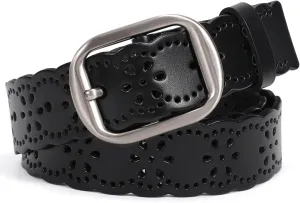XZQTIVE Women Plus Size Leather Belt for Jeans Dresses Pants Hollow Flower Waist Belts with Solid Pin Buckle