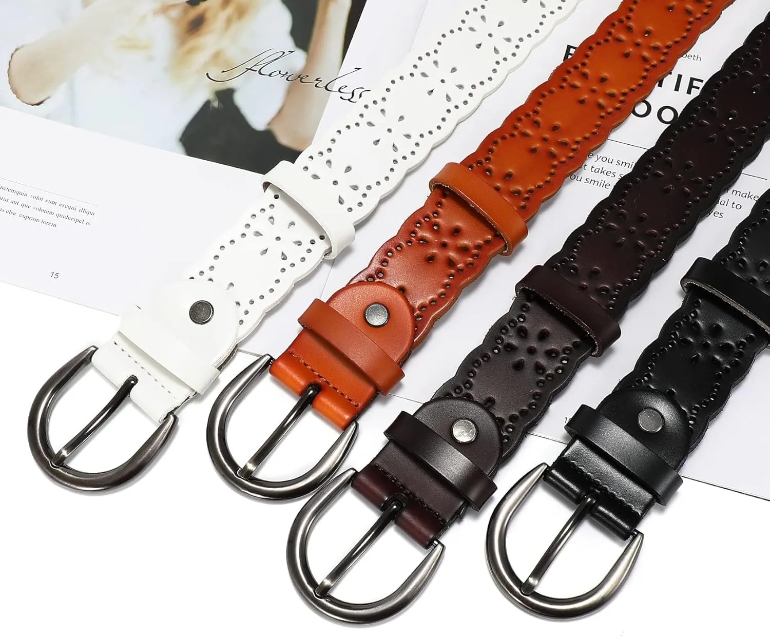 XZQTIVE Women Plus Size Leather Belt for Jeans Dresses Pants Hollow Flower Waist Belts with Solid Pin Buckle
