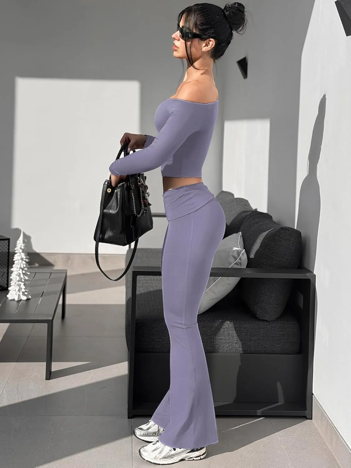 YEOREO Romola Women Yoga Pants Flare Leggings with Tummy Control High Waist Fold Over Bootcut Wide Legs Workout Legging
