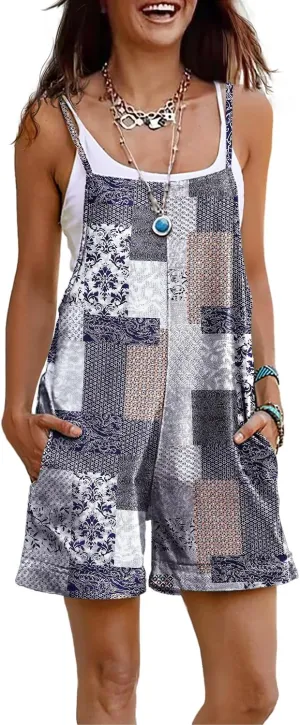 YESNO Women Summer Casual Loose Rompers Sleeveless Boho Floral Spaghetti Straps Shorts Overalls Jumpsuit with Pockets PH2