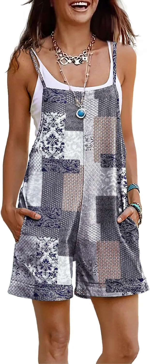 YESNO Women Summer Casual Loose Rompers Sleeveless Boho Floral Spaghetti Straps Shorts Overalls Jumpsuit with Pockets PH2