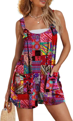 YESNO Women's Summer Casual Rompers Boho Floral Short Overalls Adjustable Tie Knot Straps Loose Jumpsuits with Pockets PHY