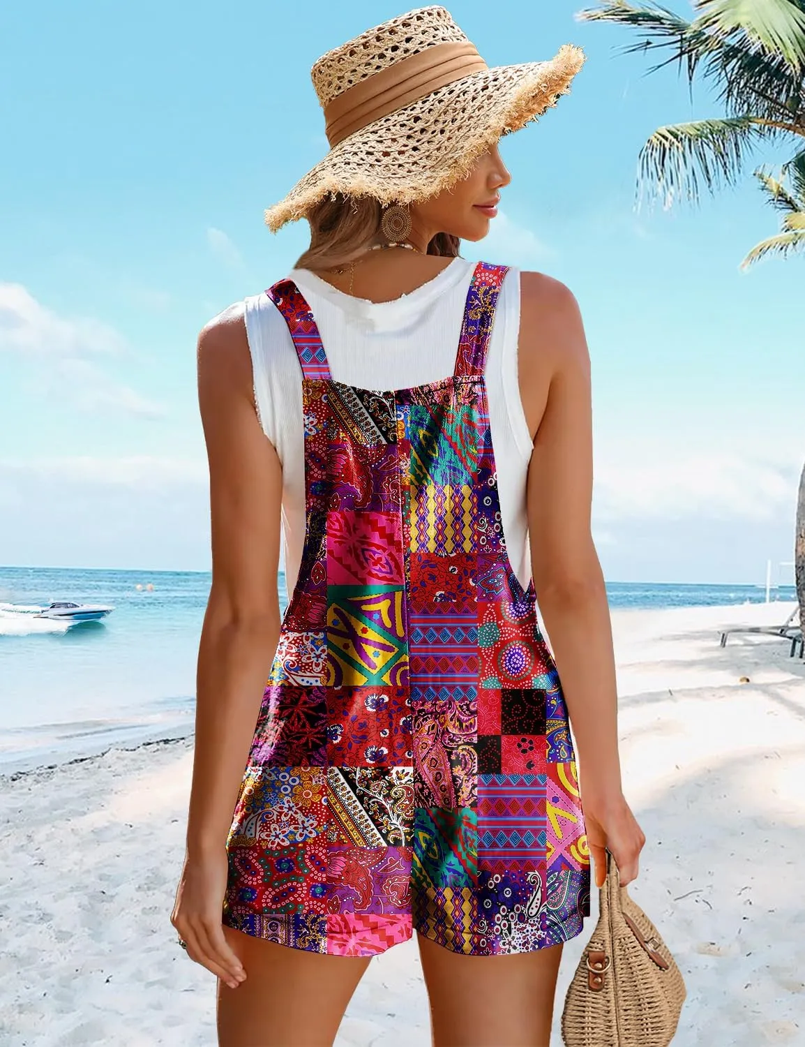YESNO Women's Summer Casual Rompers Boho Floral Short Overalls Adjustable Tie Knot Straps Loose Jumpsuits with Pockets PHY