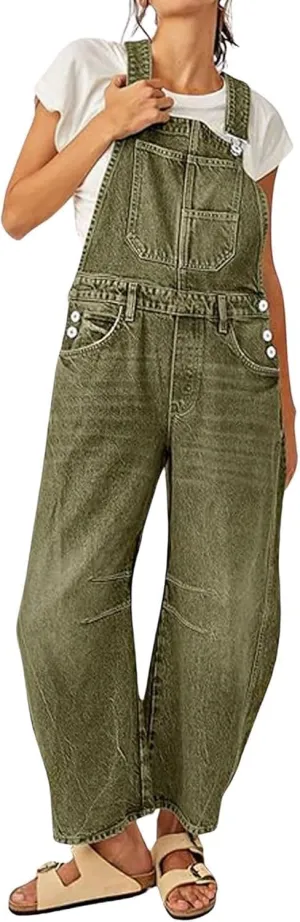 yoeasy Women's Denim Overall Barrel Wide Leg Bib Baggy Jeans Adjustable Strap Denim Romper Stretch Jumpsuit Y2K Pants