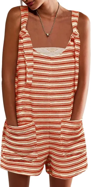 Yousify Womens Summer Casual Sleeveless Romper Loose Striped Tied Shorts Overalls Jumpsuit with Pockets 2025 Clothes