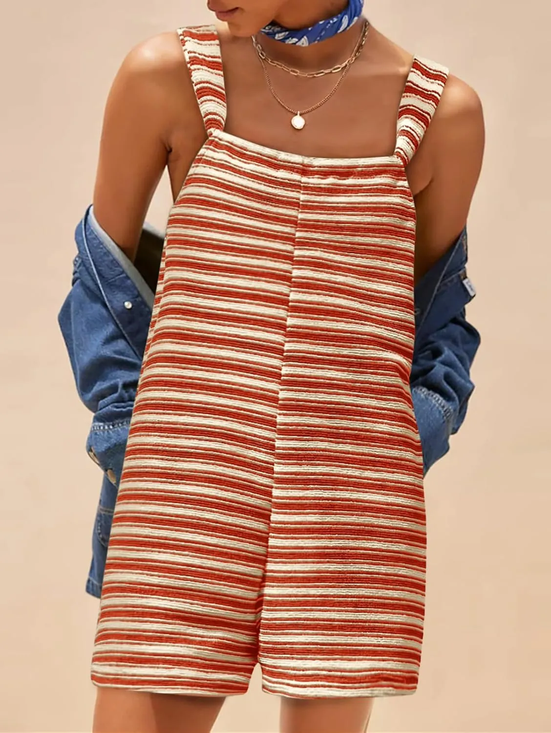 Yousify Womens Summer Casual Sleeveless Romper Loose Striped Tied Shorts Overalls Jumpsuit with Pockets 2025 Clothes