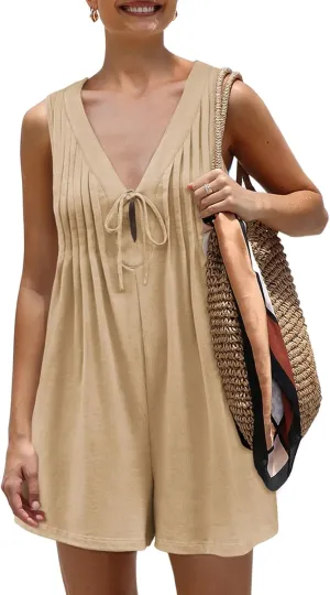 Yousify Womens Summer Casual Sleeveless Romper Tie Front Pleated Shorts Overalls Jumpsuit with Pockets 2025 Clothes