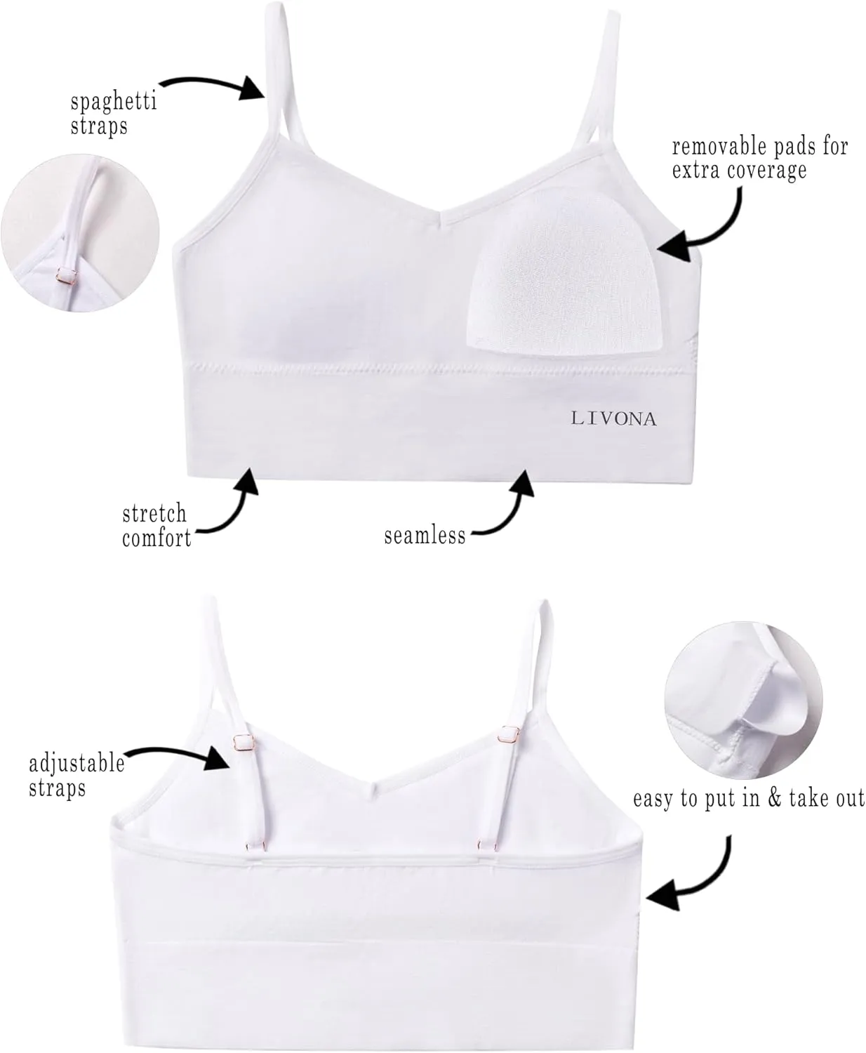 Youth Training Bras for Girls-Sports Bra, Wirefree Bra, Padded Everyday Bra Bralette,Crop Cami Tank Top (6-14)