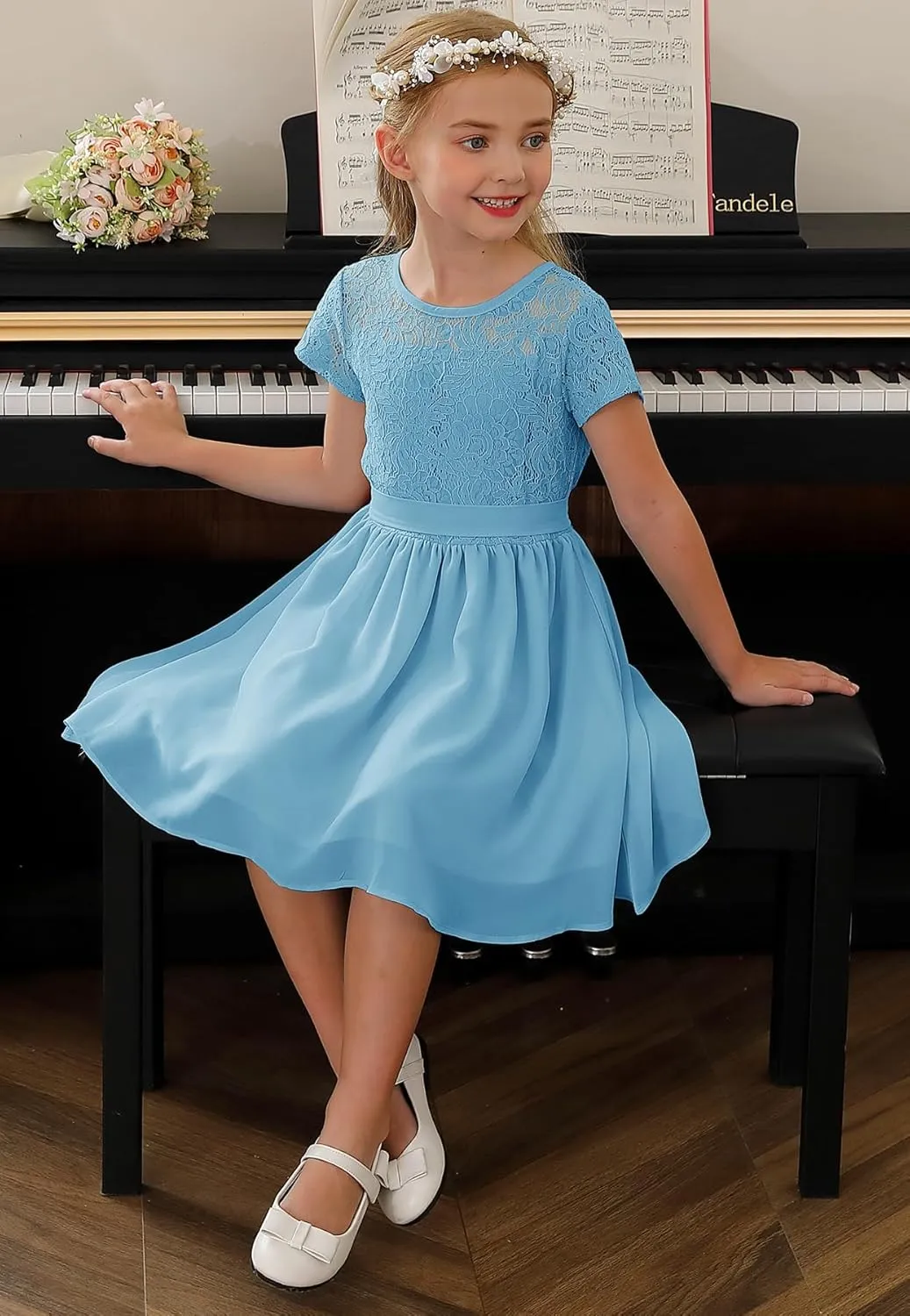 YOVION Flower Girls Dress Crew Neck Elegant Lace A-Line Formal Wedding Party Dresses for 6-12 Years
