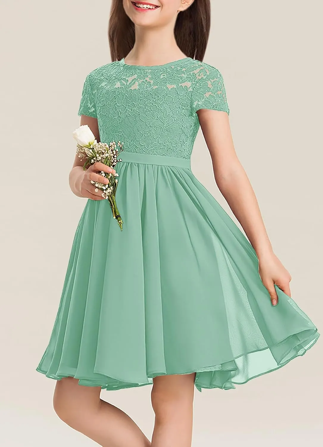 YOVION Flower Girls Dress Crew Neck Elegant Lace A-Line Formal Wedding Party Dresses for 6-12 Years