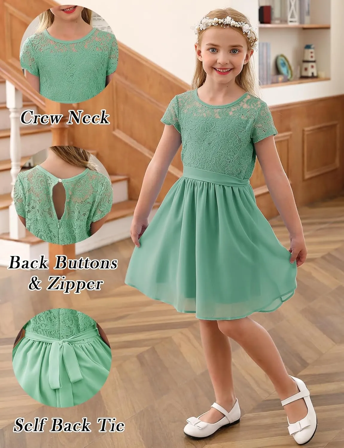 YOVION Flower Girls Dress Crew Neck Elegant Lace A-Line Formal Wedding Party Dresses for 6-12 Years