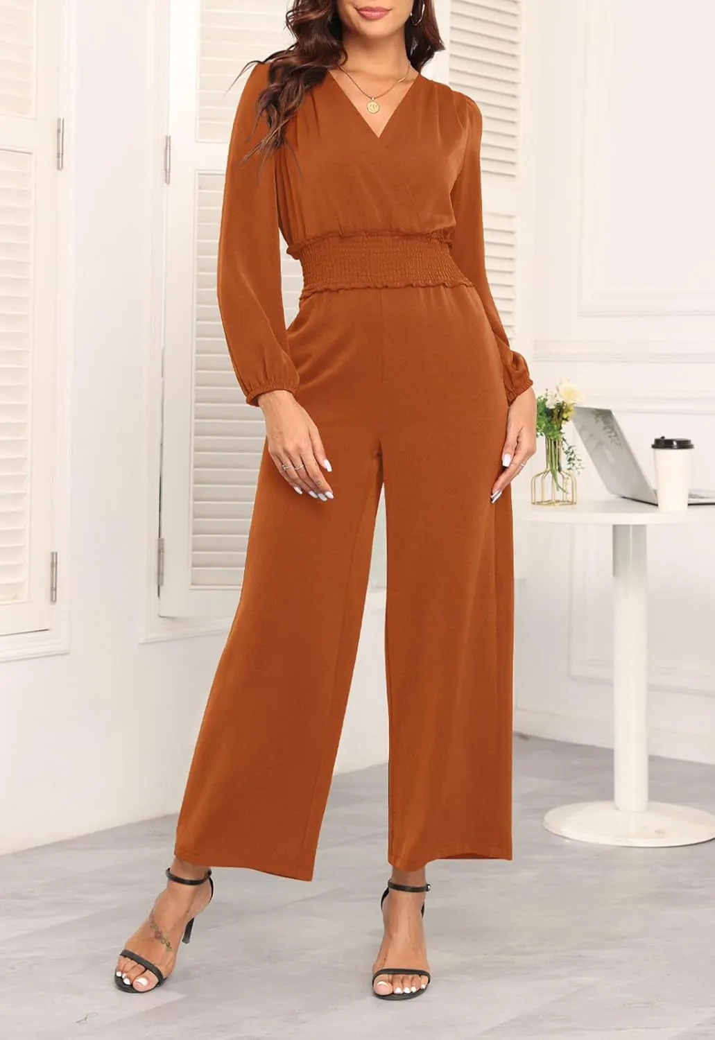 YUNDAI Womens Jumpsuit Fall Long Sleeve V Neck Casual Loose One Piece Outfits Wrap Waist Pants Long Romper with Pockets
