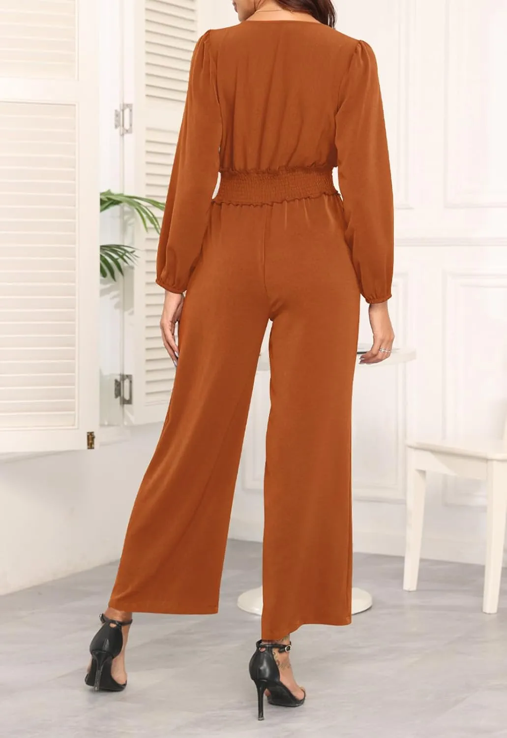YUNDAI Womens Jumpsuit Fall Long Sleeve V Neck Casual Loose One Piece Outfits Wrap Waist Pants Long Romper with Pockets