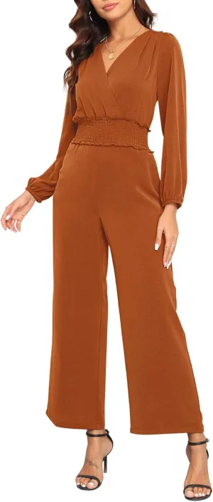 YUNDAI Womens Jumpsuit Fall Long Sleeve V Neck Casual Loose One Piece Outfits Wrap Waist Pants Long Romper with Pockets