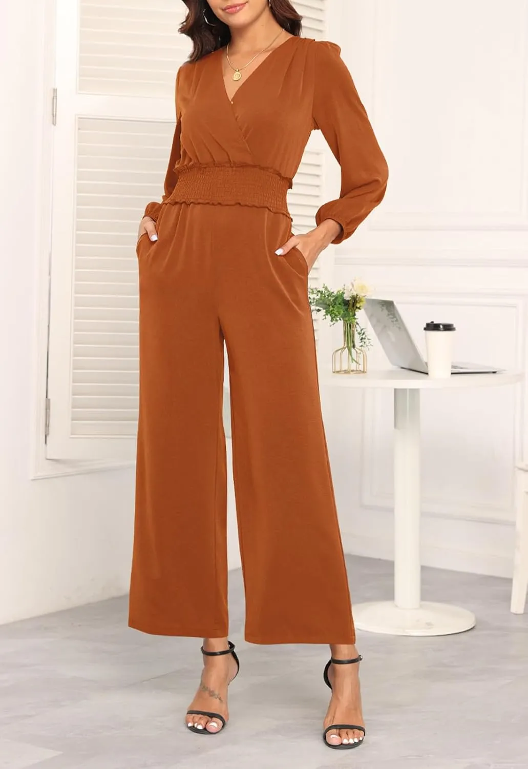 YUNDAI Womens Jumpsuit Fall Long Sleeve V Neck Casual Loose One Piece Outfits Wrap Waist Pants Long Romper with Pockets