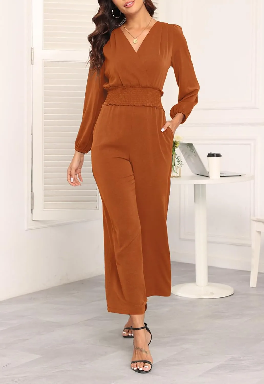 YUNDAI Womens Jumpsuit Fall Long Sleeve V Neck Casual Loose One Piece Outfits Wrap Waist Pants Long Romper with Pockets