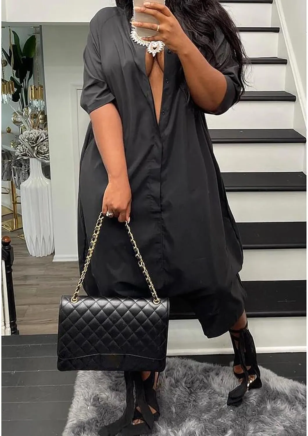 Yuopeid Women's Half Sleeve Lapel Neck Button Loose Jumpsuits Baggy Capri Pants Casual Party Overalls Rompers