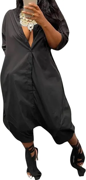Yuopeid Women's Half Sleeve Lapel Neck Button Loose Jumpsuits Baggy Capri Pants Casual Party Overalls Rompers