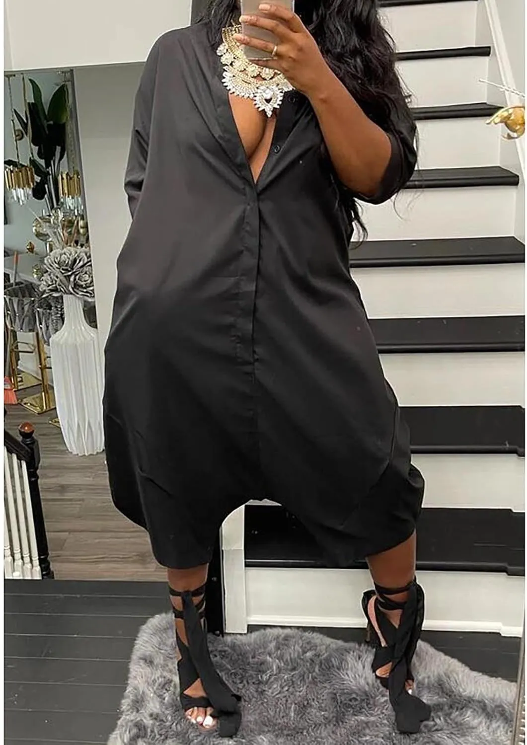 Yuopeid Women's Half Sleeve Lapel Neck Button Loose Jumpsuits Baggy Capri Pants Casual Party Overalls Rompers