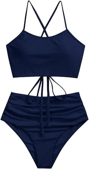 ZAFUL Women's Crisscross Ruched High Waisted Bottom Bikini Set Two Piece Swimsuit Tankini