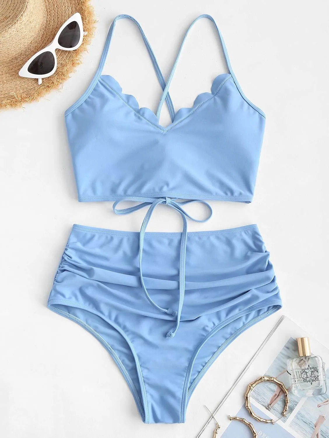 ZAFUL Women's Crisscross Ruched High Waisted Bottom Bikini Set Two Piece Swimsuit Tankini