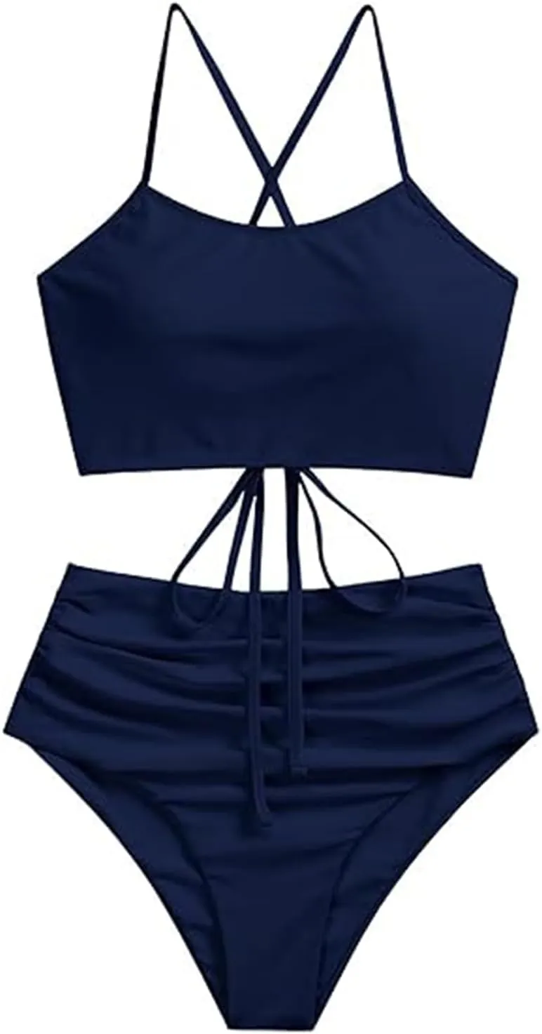 ZAFUL Women's Crisscross Ruched High Waisted Bottom Bikini Set Two Piece Swimsuit Tankini